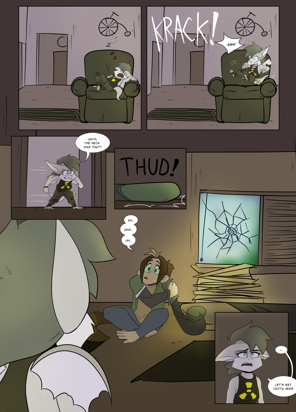 Liam is sprawled out on the chair, fast asleep. He is snoring loudly. Krak! He hears a crash, jumping out of his sleep. "Haah!" … Liam rushes into Zoe's room. "An'Di, the heck was that--?" (inner panel, focus on Liam, full body shot) An'Di's arm slowly moves back to him after it had hit the window. "… Ah, uh..." Liam is surprised and disturbed. (main panel; Liam in foreground, left side; An'Di in midground, staring at An'di, more centered. Make sure the window is in view.) "… Let's get you outside." (inner panel, closeup on Liam, defeated expression) 